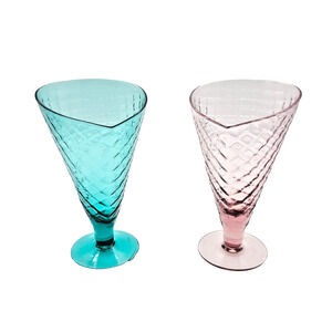Two Bormioli Rocco Art Glass Waffle Cone Ice Cream Glasses Purple/ Amber Italy